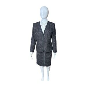 Lafayette 148 Black/Multi Tweed Leather Trim Cambria Suit, Size 8 Wool Blend